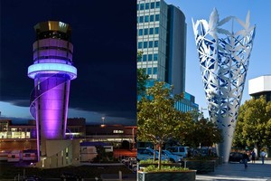 The Christchurch control tower, seen here lit in all its glory, was built to resemble the Christchurch Chalice. Photo / Supplied/City Life