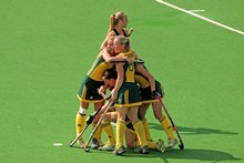 Members of the Australia team celebrate after Ashleigh Nelson scored the equalising goal. Photo / Getty Images Members of the Australia team celebrate after Ashleigh Nelson scored the equalising goal. Photo / Getty Images