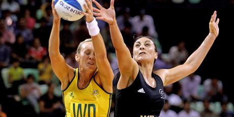 Lauren Nourse of Australia and Joline Henry of New Zealand compete for the ball. Photo / Getty Images Lauren Nourse of Australia and Joline Henry of New Zealand compete for the ball. Photo / Getty Images