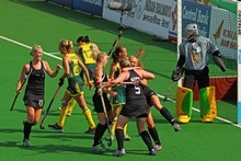 New Zealand team celebrate after Clarissa Eshuis scored the equalising goal against Australia. Photo / Getty Images New Zealand team celebrate after Clarissa Eshuis scored the equalising goal against Australia. Photo / Getty Images