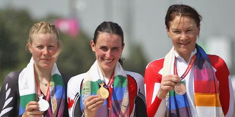 Linda Villumsen of New Zealand, Tara Whitten of Canada and Julia Shaw of England pose with their medals following the Women's Individual Time Trial. Photo / Getty Images Linda Villumsen of New Zealand, Tara Whitten of Canada and Julia Shaw of England pose with their medals following the Women's Individual Time Trial. Photo / Getty Images