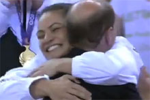 Temepara George hugs Prince Edward after the Silver Ferns' extra-time win over Australia. Photo / Supplied Temepara George hugs Prince Edward after the Silver Ferns' extra-time win over Australia. Photo / Supplied
