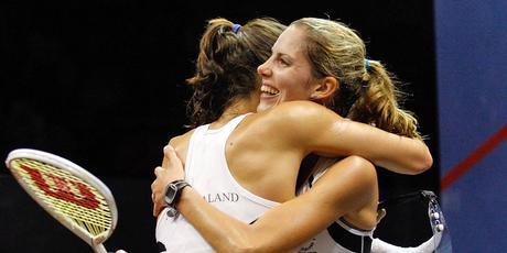 Jaclyn Hawkes, right, and Joelle King of New Zealand embrace after winning the women's doubles final. Photo / Getty Images Jaclyn Hawkes, right, and Joelle King of New Zealand embrace after winning the women's doubles final. Photo / Getty Images