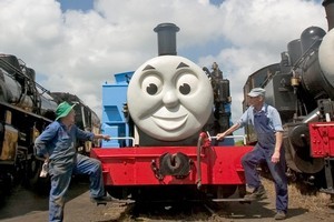 Waiuku's Des Somers (left) and Brett Green prepare Thomas and his mates for the Friends of Thomas weekend at the Glenbrook Vintage Railway. Photo / Richard Robinson