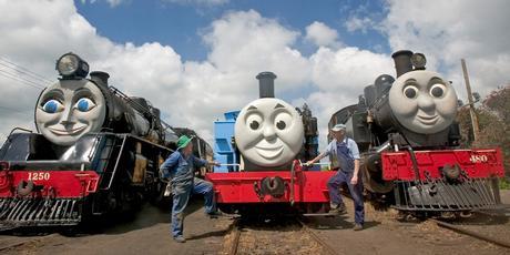 Waiuku's Des Somers (left) and Brett Green prepare Thomas and his mates for the Friends of Thomas weekend at the Glenbrook Vintage Railway. Photo / Richard Robinson