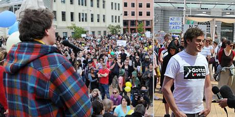 Weta Workshop's Sir Richard Taylor addresses the rally in Wellington's Civic Square and right, rally organiser Mark Harrison in Auckland. Photos / NZPA, Paul Harper Weta Workshop's Sir Richard Taylor addresses the rally in Wellington's Civic Square and right, rally organiser Mark Harrison in Auckland. Photos / NZPA, Paul Harper