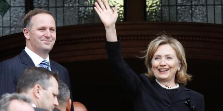 US Secretary of State Hillary Clinton waves to supporters as she stands at the top on Parliament Steps with Prime Minister John Key. Photo / Mark Mitchell US Secretary of State Hillary Clinton waves to supporters as she stands at the top on Parliament Steps with Prime Minister John Key. Photo / Mark Mitchell