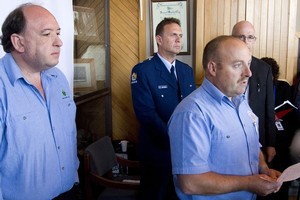 This morning's media conference. L-R: Peter Whittall, Gary Knowles, Trevor Watts (speaking). Photo / Mark Mitchell