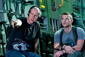 Avatar director James Cameron on set with actor Sam Worthington. Photo / Supplied.