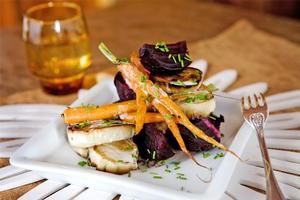 White eggplant, roast beetroot, baby carrots, coconut dressing. Photo / Babiche Martens