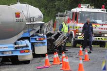 One person died in this collision between a milk tanker and a car. Photo / Monique Ford One person died in this collision between a milk tanker and a car. Photo / Monique Ford