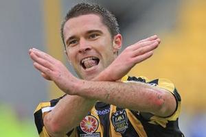 Tim Brown of the Wellington Phoenix celebrates his goal against the Central Coast Mariners at Westpac Stadium. Photo / Getty Images