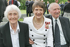 Helen Clark is joined by parents Margaret (L) and George at her investiture ceremony. Photo / Getty Images