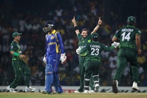 Shahid Afridi of Pakistan celebrates capturing the wicket of Kumur Sangakkara. Photo / Getty Images