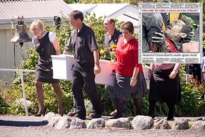 Members of Shane Tomlin's family bring out his coffin after a service at St Paul's on the Hill Church in Kaikoura and inset, Shane's pained face appeared around the world after he was pulled from the rubble. Photos / Dean Purcell, supplied