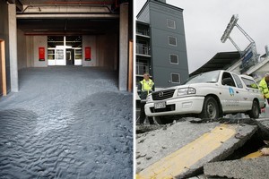 Silt underneath the PKMC stand (Left) and destroyed roads outside the AMI Stadium. Photos / Sarah Ivey, Greg Bowker