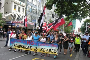 A hikoi against the new foreshore legislation marches peacefully down Auckland's Queen St today. Photo / NZPA