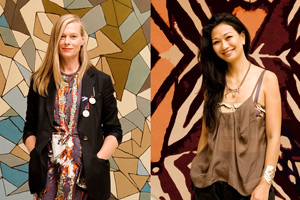 Kate Sylvester (left) in front of her 'Cosmo' rug and Boh Runga in front of her designer rug based on the monarch butterfly. Photo / Babiche Martens