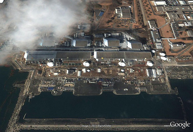 Fukushima nuclear plant after tsunami (before outer shell collapse). Photo / Google, GeoEye