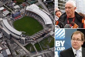Clockwise from left: AMI Stadium after it was damaged in the quake, Christchurch Mayor Bob Parker and Rugby World Cup Minister Murray McCully. Photos / Sarah Ivey, Mark Mitchell, NZPA