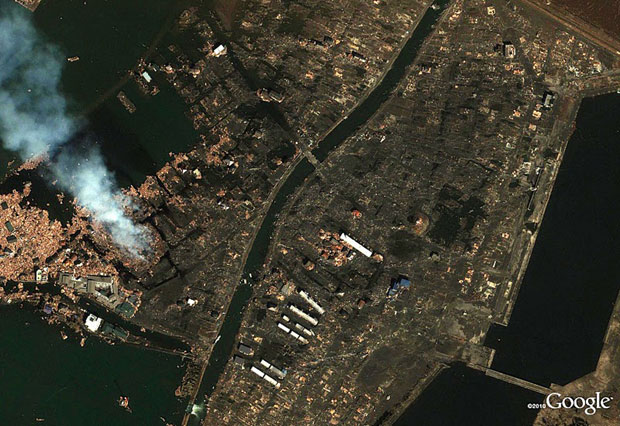 Yuriage in Natori after tsunami (detail). Photo / Google, GeoEye