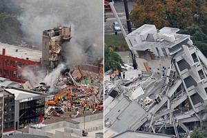The collapsed CTV building, left, and PGC building, right. Photos / Mark Mitchell