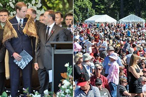 Prince William and John Key on stage, left, and right, the thousands of mourners at Hagley Park. Photos / NZPA