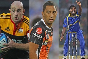 Brendan Leonard (Chiefs), Benji Marshall (West Tigers) and Muttiah Muralidaran (Sri Lanka). Photo / Getty Images