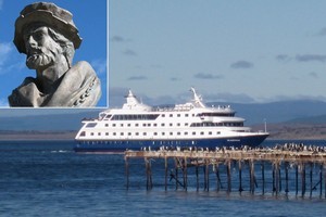 The Via Australis arriving at Punta Arenas. A bust of Magellan (inset) sits alongside the strait that bears his name. Photos / Jill Worrall