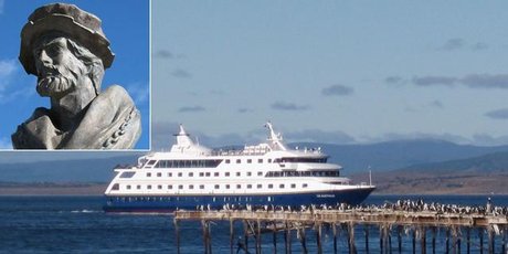 The Via Australis arriving at Punta Arenas. A bust of Magellan (inset) sits alongside the strait that bears his name. Photos / Jill Worrall