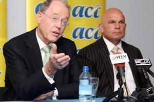 Don Brash, left, talks to the media after ACT Party leader Rodney Hide, right, announced he will step down as leader of the party to make way for Brash. Photo / NZPA