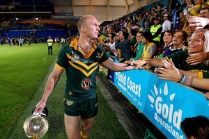 Darren Lockyer holds the Bill Kelly Trophy after beating the Kiwis on Saturday. Photo / Getty Images