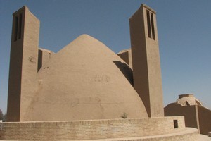 Two wind towers flank a water reservoir in a small desert village in central Iran. Photo / Jill Worrall