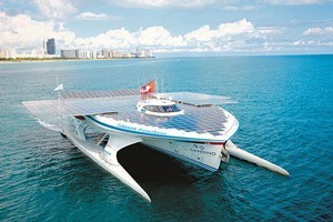The world's largest solar boat has 537sq m of solar panels, lithium ion batteries and high efficiency electric motors. Photo / Supplied
