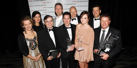 Herald leaders and award winners at SkyCity last night. From left: Karyn Scherer, Rebecca Barry Hill, David Hastings, Alan Perrott, Greg Dixon, Shayne Currie, Amelia Wade, Tim Murphy and Mark Mitchell. Photo / Steven McNicholl