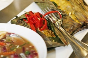 Snapper grilled in banana leaf at Santhiya's. Photo / Supplied