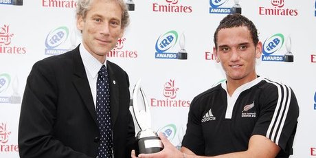 IRB CEO Mike Miller, here with Aaron Cruden, has a sweet job. Photo / Getty Images