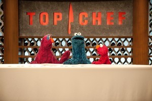 Sesame Street muppets drop in on the Top Chef contestants. Photo / Supplied