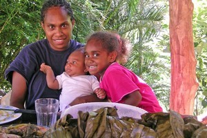 Priscille, Kaaea and Djaoun Pwidja at the Napoemien tribal village. Photo / Sue Baxalle