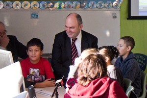 Communications minister Steven Joyce at Henderson Valley School this morning for the launch of the Rural Broadband Initiatve. Photo / Supplied