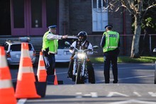 Police checkpoint on Brentwood Avenue where a Hells Angels gathering was held on Saturday. Photo / Herald On Sunday/Jason Dorday.