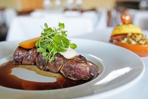 Bowmans' dry aged New York strip with mustard spaetzle, mushroom and pancetta. Photo / Richard Robinson