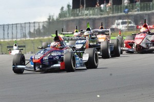 Rising international star Mitch Evans leads to turn one at Hampton Downs last season. Photo / Bruce Jenkins
