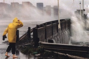 Huge seas pound the Ports of Auckland during Cyclone Drena in 1997. Photo / NZ Herald
