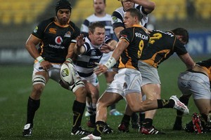 Wellington's TJ Perenara kicks against Auckland.
Photo / Getty Images