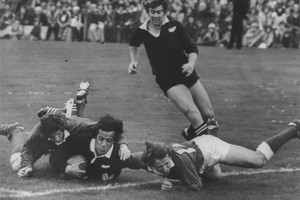 Bryan Williams almost over for the try he thought he had scored against West Wales at Swansea during the 1978 tour. New Zealand Herald Archives / Peter Bush