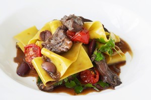 Braised lamb shank pappardelle with kalamata olives, tomatoes and preserved lemon. Photo / Supplied
