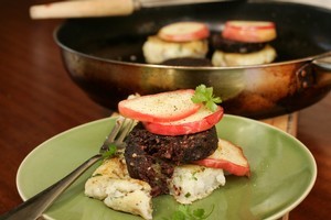 Black Pudding with Fried Apple and Parsley Potato Cake. Photo / Janna Dixon