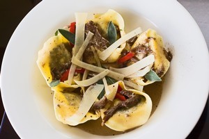 Tortelloni of Italian sausage and silverbeet with porcini cream at Delicious. Photo / Paul Estcourt