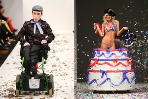 Mister opened its debut show with Joshua Perry (L) and Huffer had Aja Rock pop out of a giant cake. Photos / Babiche Martens
